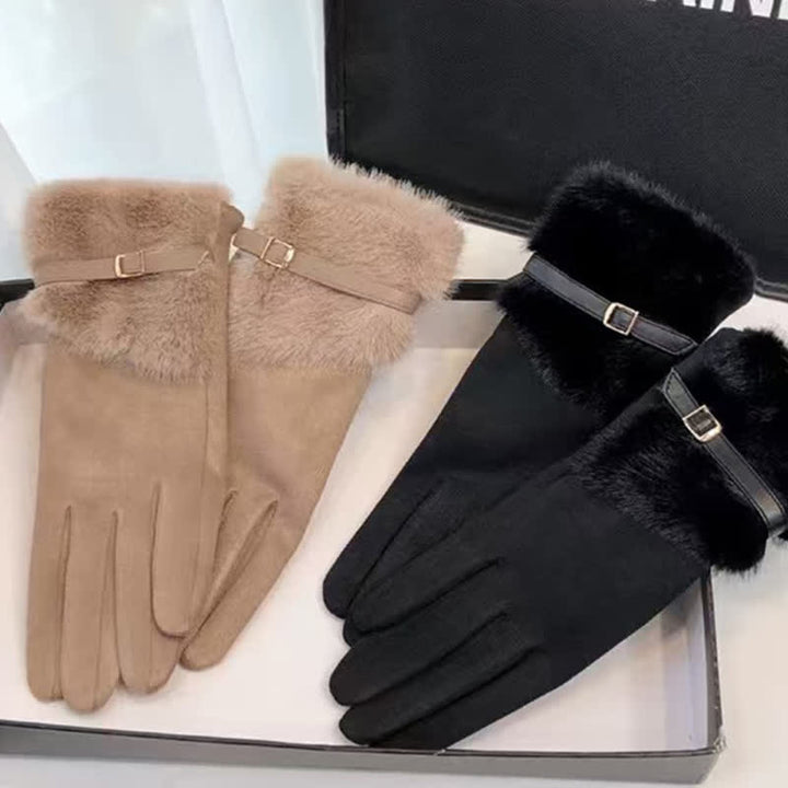 Gants en daim pour femme avec poignets en peluche et décoration en métal - image 2