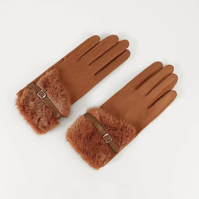 Gants en daim pour femme avec poignets en peluche et décoration en métal - Caramel - image 4