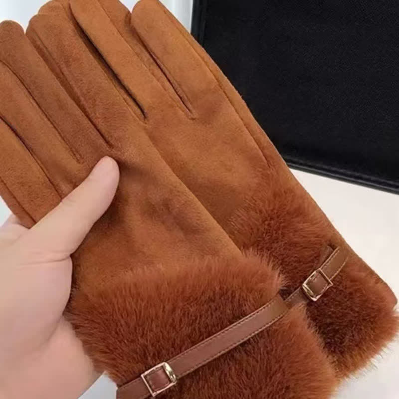 Gants en daim pour femme avec poignets en peluche et décoration en métal - image 5