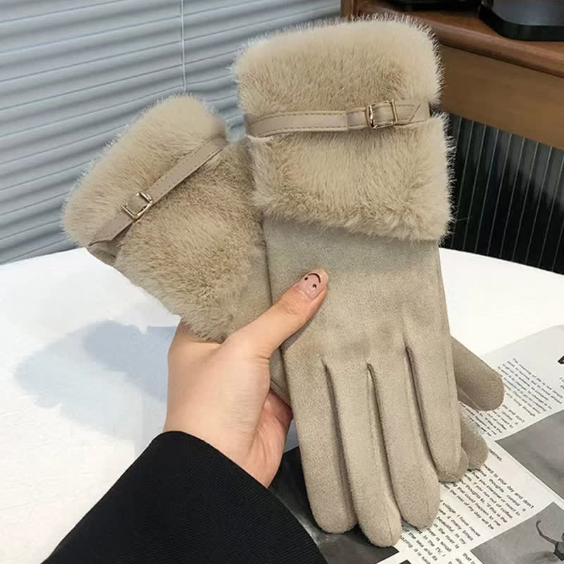 Gants en daim pour femme avec poignets en peluche et décoration en métal - Kaki - image 6