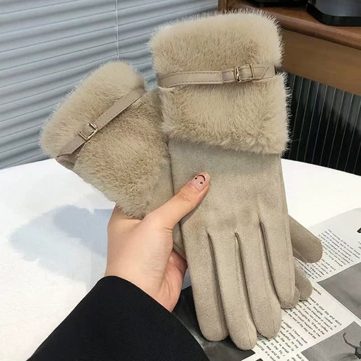 Gants en daim pour femme avec poignets en peluche et décoration en métal - Kaki - image 6