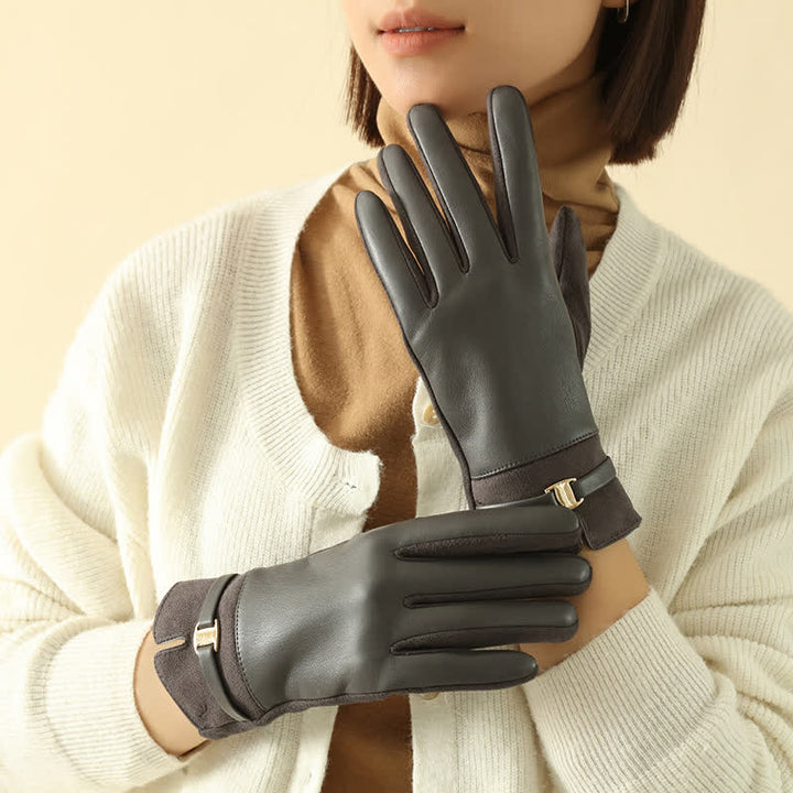 Gants d'hiver élégants en daim et cuir synthétique avec boucle en métal pour femme - Gris - image 10