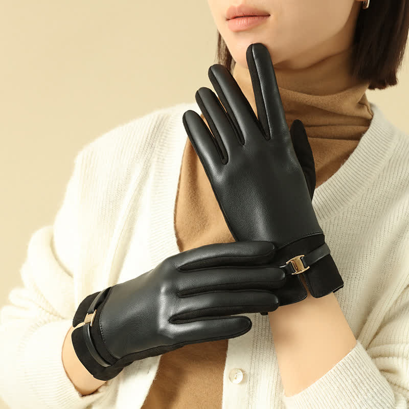 Gants d'hiver élégants en daim et cuir synthétique avec boucle en métal pour femme - Noir - image 8