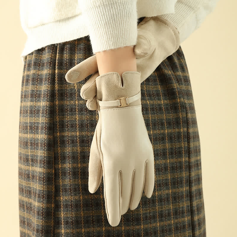 Gants d'hiver élégants en daim et cuir synthétique avec boucle en métal pour femme - Ivoire - image 0