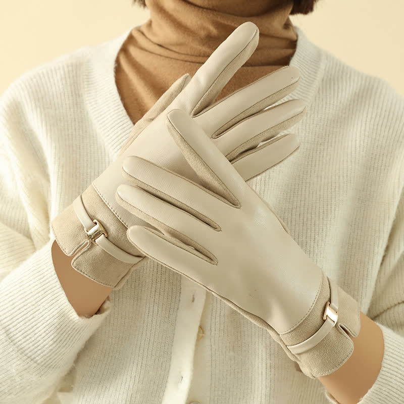 Gants d'hiver élégants en daim et cuir synthétique avec boucle en métal pour femme - image 1