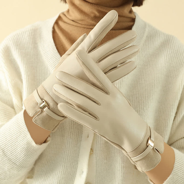 Gants d'hiver élégants en daim et cuir synthétique avec boucle en métal pour femme - image 1