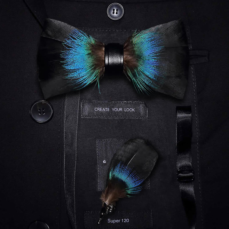 Nœud papillon polyvalent en plumes noir et bleu avec épingle à revers - Adulte - image 0