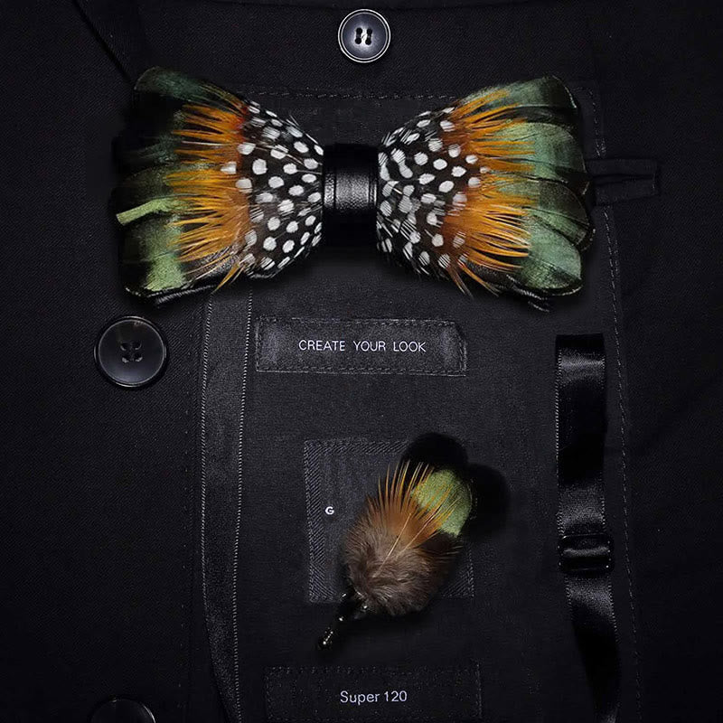 Nœud papillon vintage en plumes vert forêt et orange avec épingle à revers - Adulte - image 0