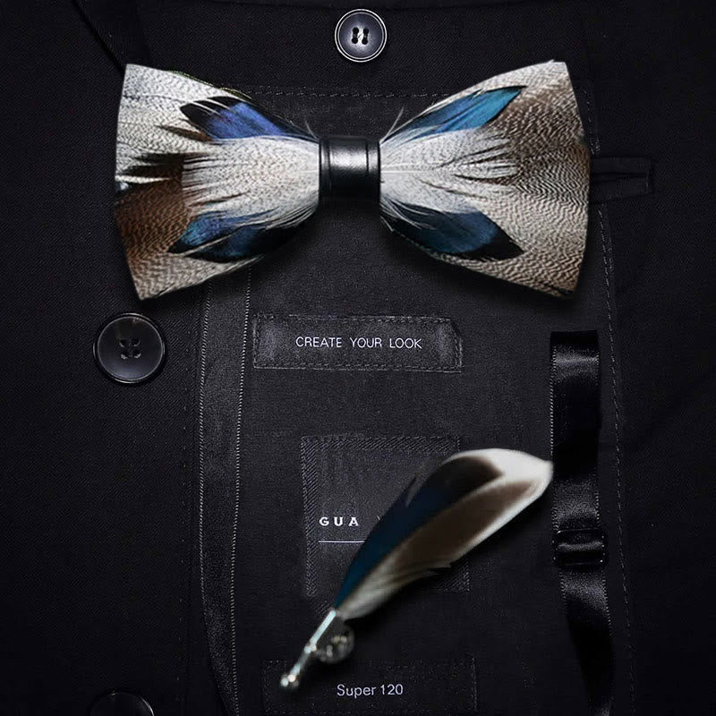 Nœud papillon en plumes de paon marron et bleu avec épingle à revers - Adulte - image 0
