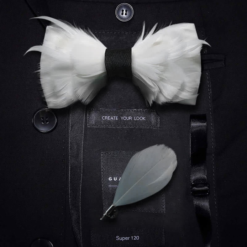 Nœud papillon élégant en plumes blanches et noires avec épingle à revers - Adulte - image 0