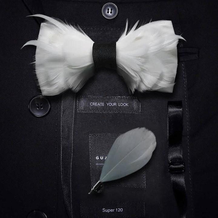 Nœud papillon élégant en plumes blanches et noires avec épingle à revers - Adulte - image 0