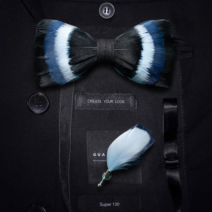 Nœud papillon à plumes noir et bleu avec épingle à revers - Adulte - image 2