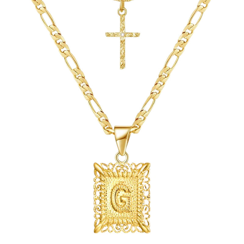 Collier double chaîne creux doré avec lettres carrées et croix - G - image 9