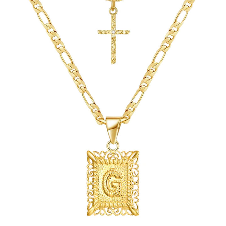 Collier double chaîne creux doré avec lettres carrées et croix - G - image 9