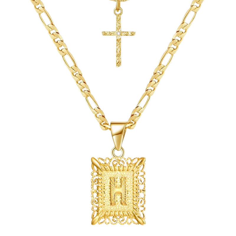 Collier double chaîne creux doré avec lettres carrées et croix - H - image 10
