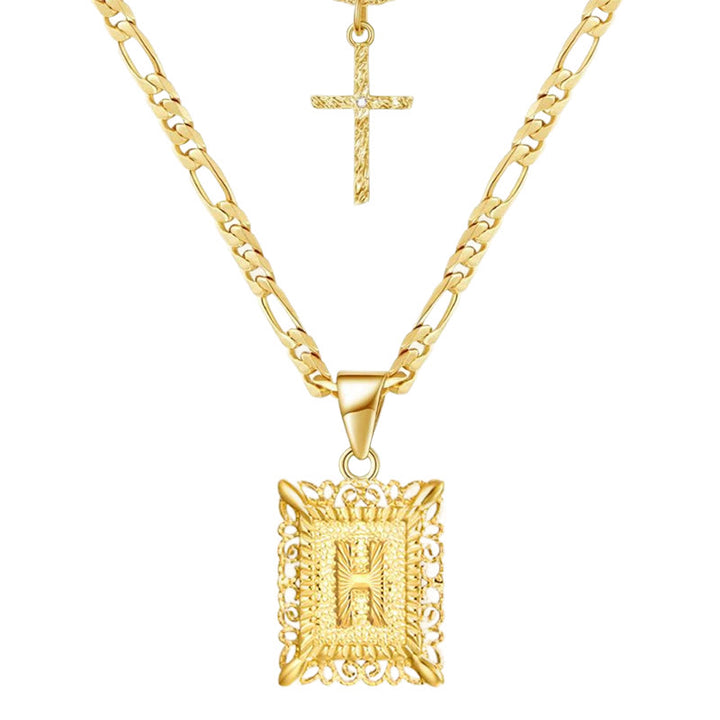 Collier double chaîne creux doré avec lettres carrées et croix - H - image 10