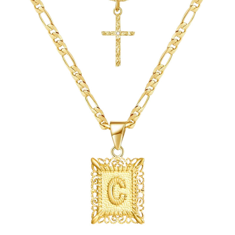 Collier double chaîne creux doré avec lettres carrées et croix - C - image 5