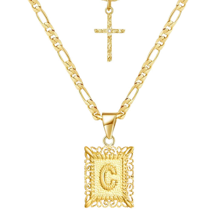 Collier double chaîne creux doré avec lettres carrées et croix - C - image 5