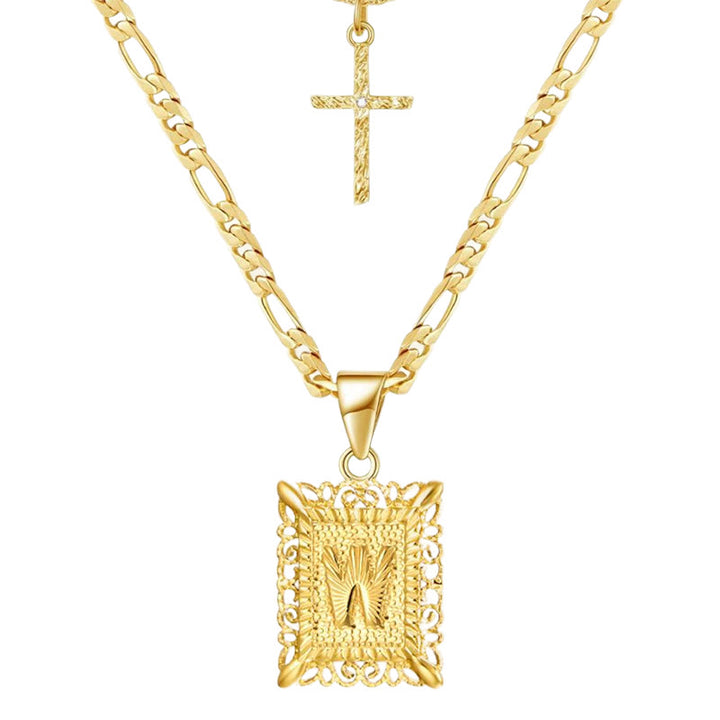 Collier double chaîne creux doré avec lettres carrées et croix - W - image 25
