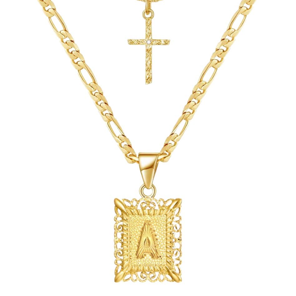 Collier double chaîne creux doré avec lettres carrées et croix - UN - image 2