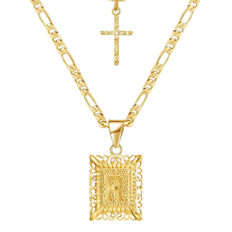 Collier double chaîne creux doré avec lettres carrées et croix - R - image 20