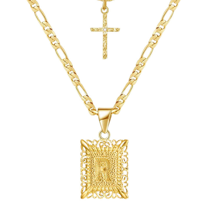 Collier double chaîne creux doré avec lettres carrées et croix - R - image 20