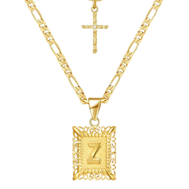 Collier double chaîne creux doré avec lettres carrées et croix - Z - image 28