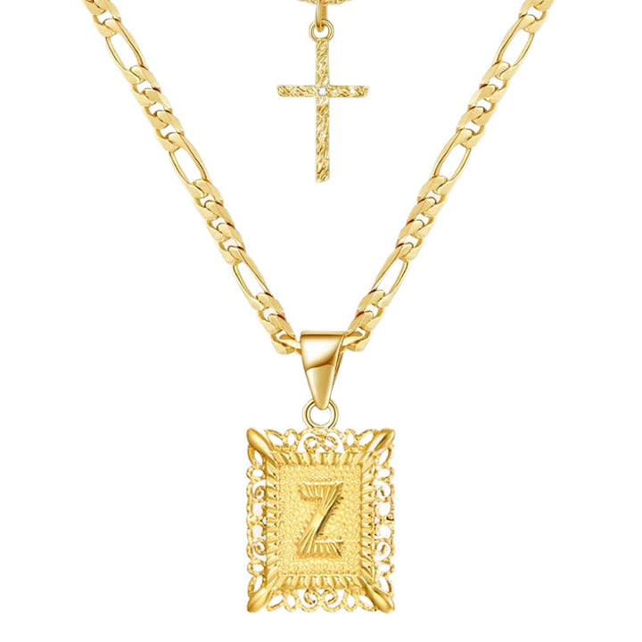 Collier double chaîne creux doré avec lettres carrées et croix - Z - image 28
