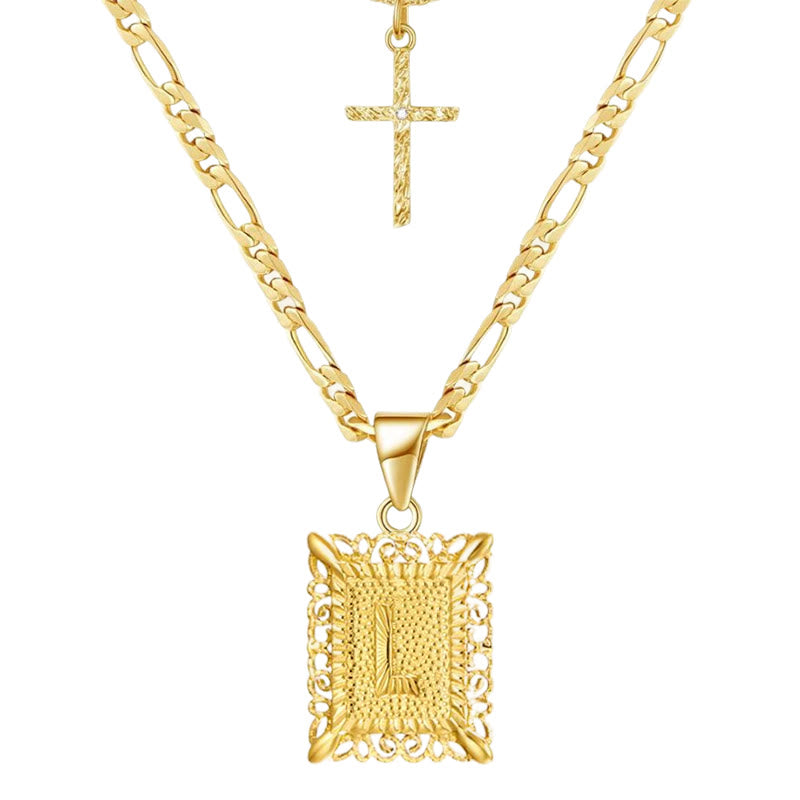 Collier double chaîne creux doré avec lettres carrées et croix - L - image 14