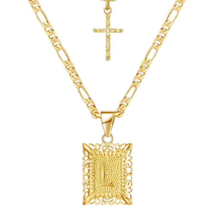 Collier double chaîne creux doré avec lettres carrées et croix - L - image 14