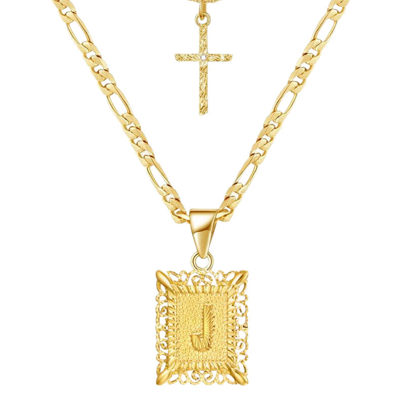 Collier double chaîne creux doré avec lettres carrées et croix - J - image 12