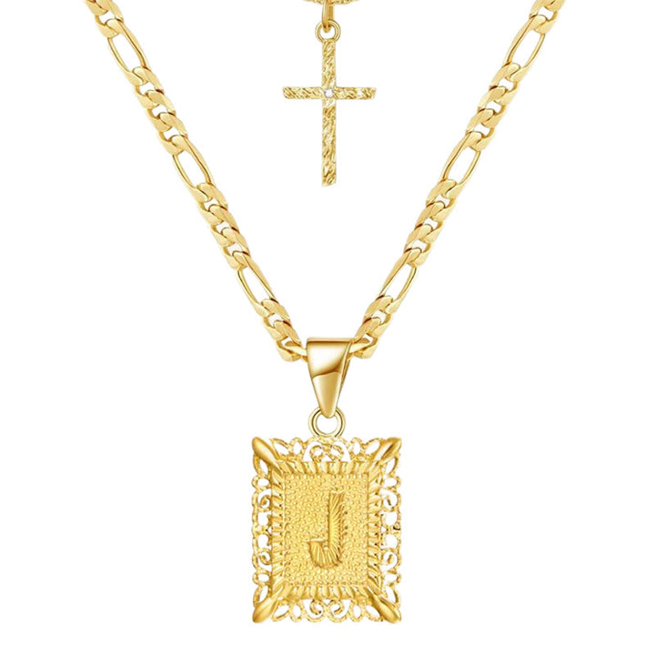 Collier double chaîne creux doré avec lettres carrées et croix - J - image 12