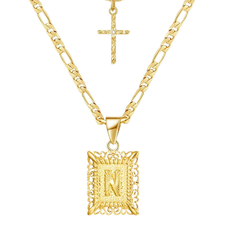 Collier double chaîne creux doré avec lettres carrées et croix - N - image 16