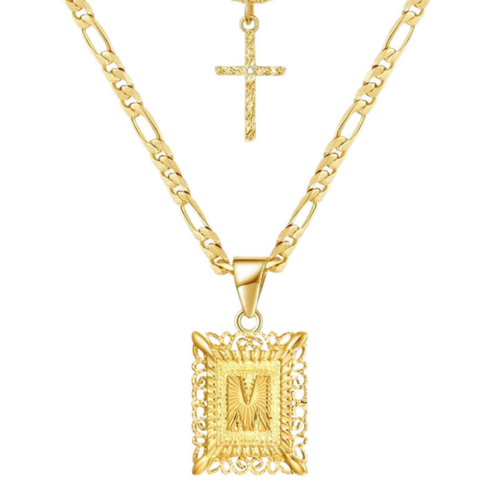 Collier double chaîne creux doré avec lettres carrées et croix - M - image 15
