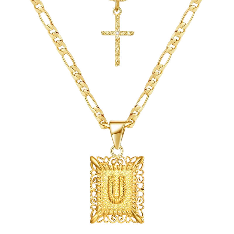 Collier double chaîne creux doré avec lettres carrées et croix - Tu - image 23