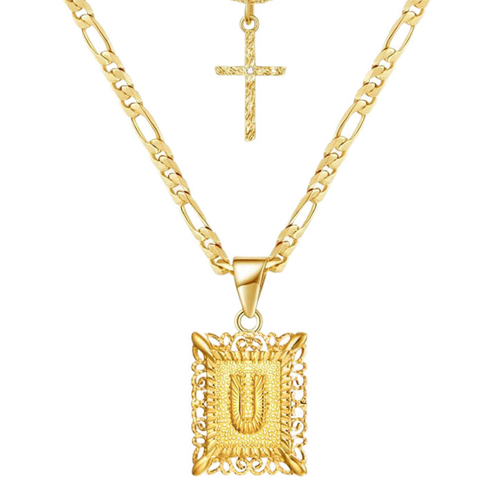 Collier double chaîne creux doré avec lettres carrées et croix - Tu - image 23