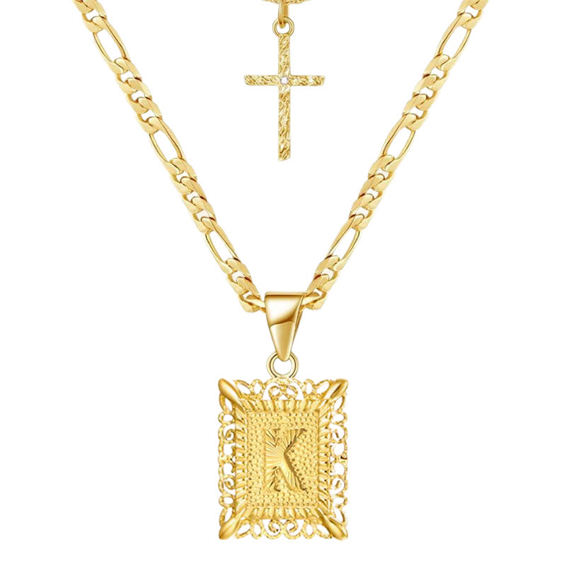 Collier double chaîne creux doré avec lettres carrées et croix - K - image 13