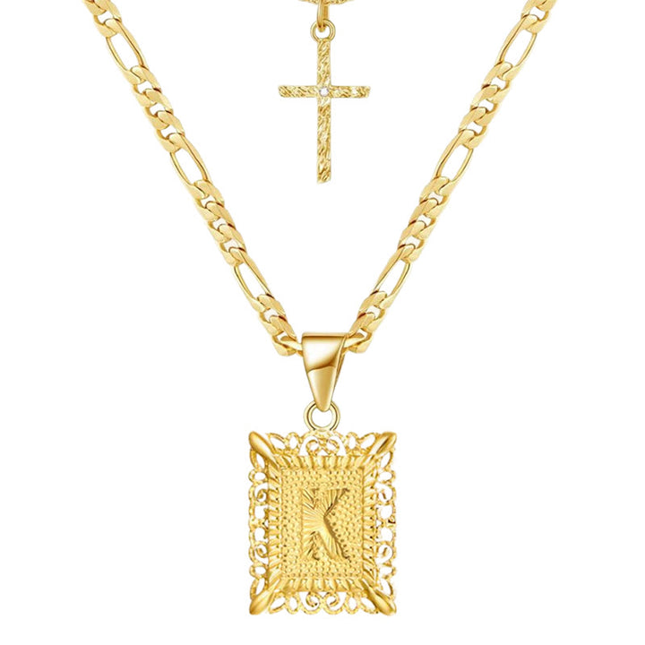 Collier double chaîne creux doré avec lettres carrées et croix - K - image 13