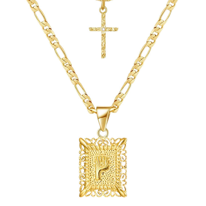 Collier double chaîne creux doré avec lettres carrées et croix - P - image 18