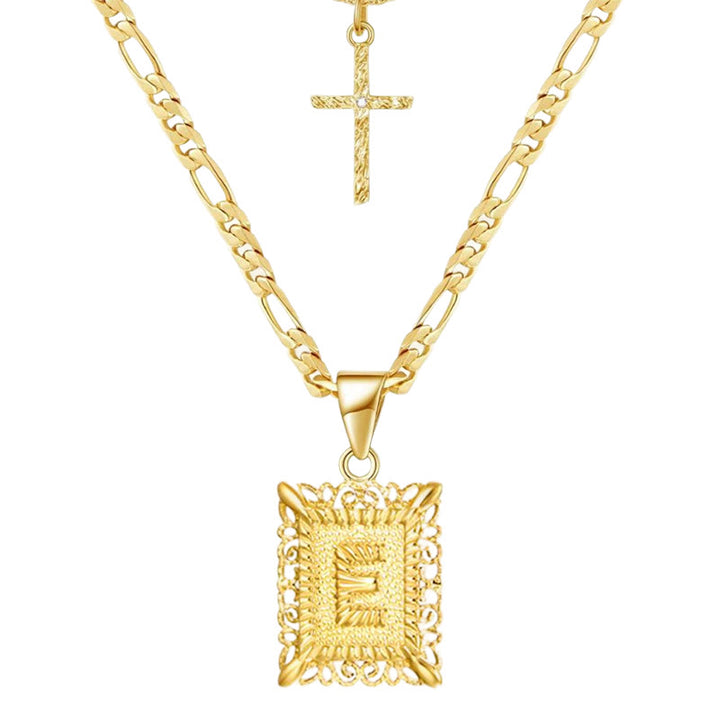 Collier double chaîne creux doré avec lettres carrées et croix - E - image 7