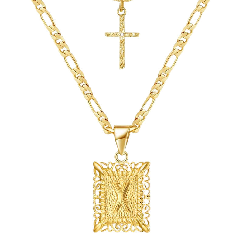 Collier double chaîne creux doré avec lettres carrées et croix - X - image 26