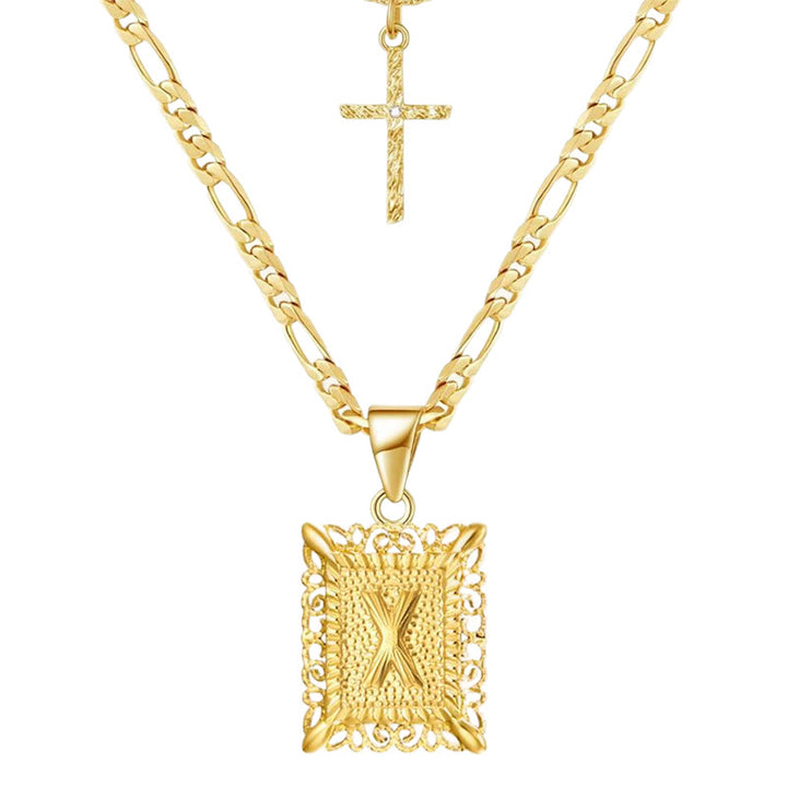 Collier double chaîne creux doré avec lettres carrées et croix - X - image 26