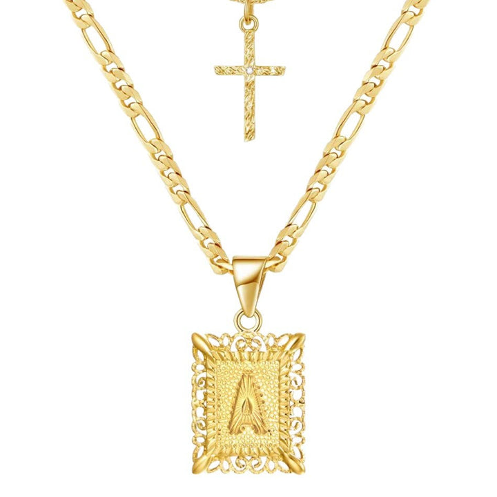 Collier double chaîne creux doré avec lettres carrées et croix - UN - image 2