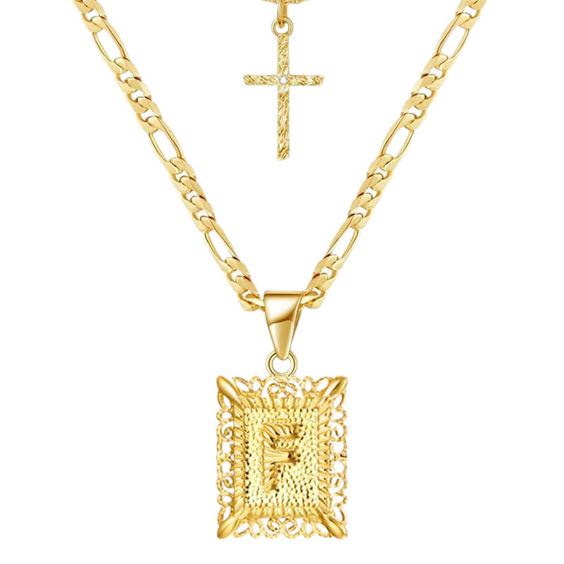 Collier double chaîne creux doré avec lettres carrées et croix - F - image 8