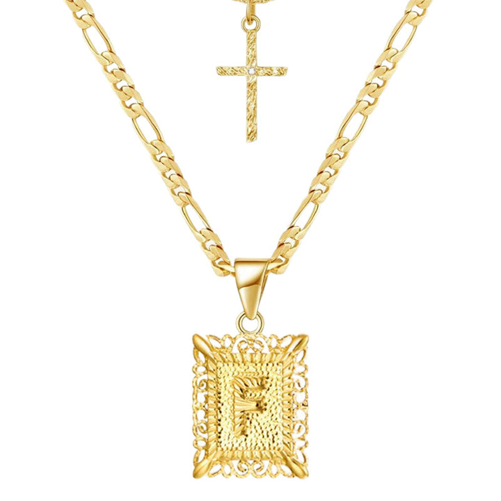 Collier double chaîne creux doré avec lettres carrées et croix - F - image 8