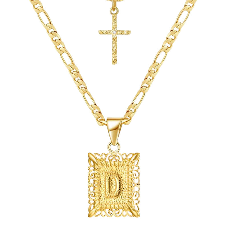 Collier double chaîne creux doré avec lettres carrées et croix - D - image 6