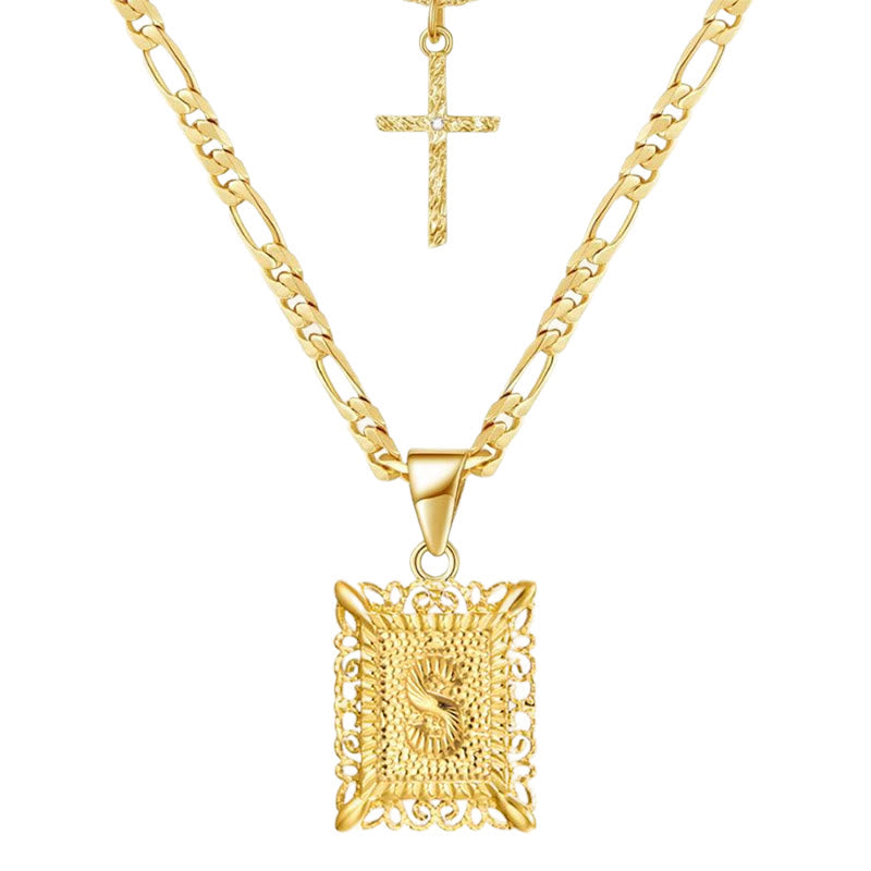 Collier double chaîne creux doré avec lettres carrées et croix - S - image 21
