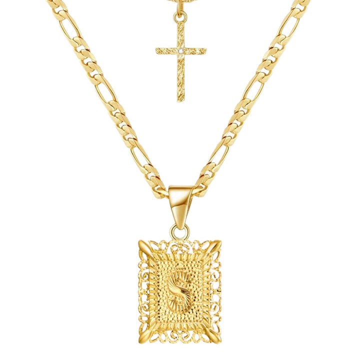 Collier double chaîne creux doré avec lettres carrées et croix - S - image 21