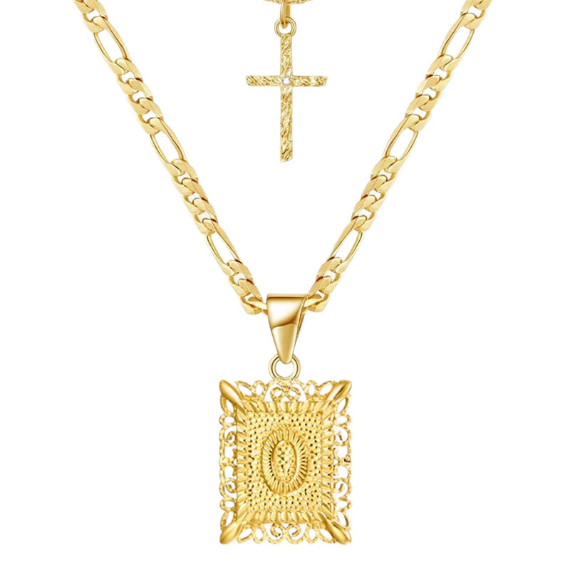 Collier double chaîne creux doré avec lettres carrées et croix - O - image 17