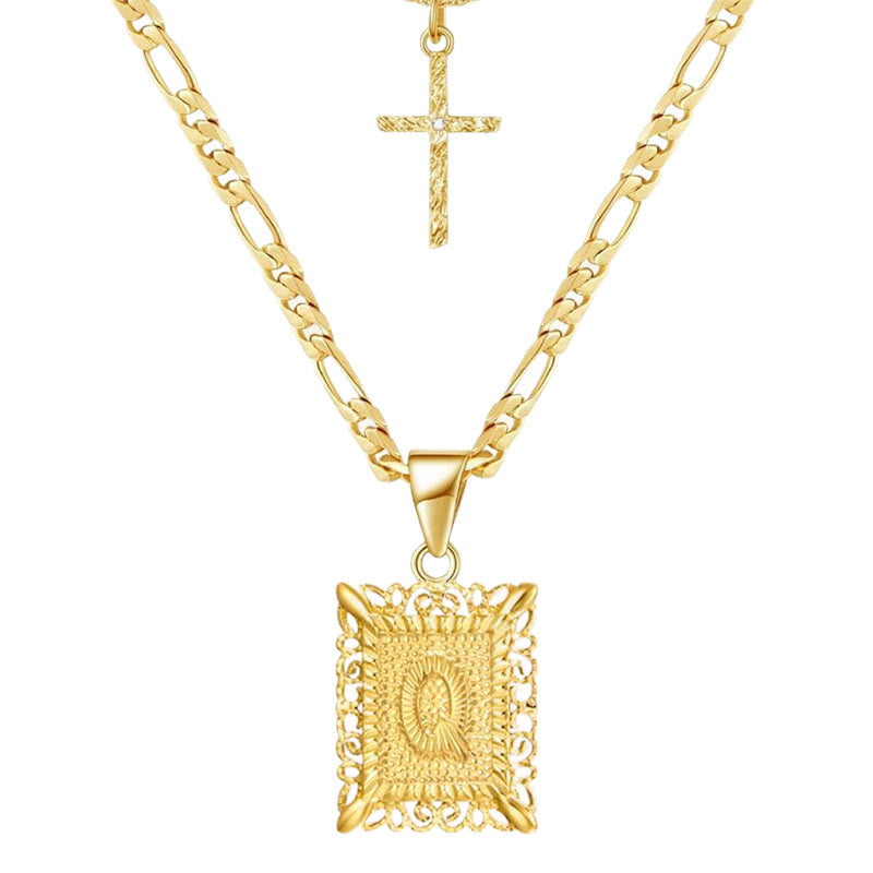 Collier double chaîne creux doré avec lettres carrées et croix - Q - image 19